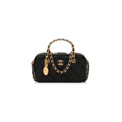 CHANEL CAVIAR QUILTED TOP HANDLE PHONE HOLDER WITH CHAIN BLACK AP3495 (18*11*4cm)